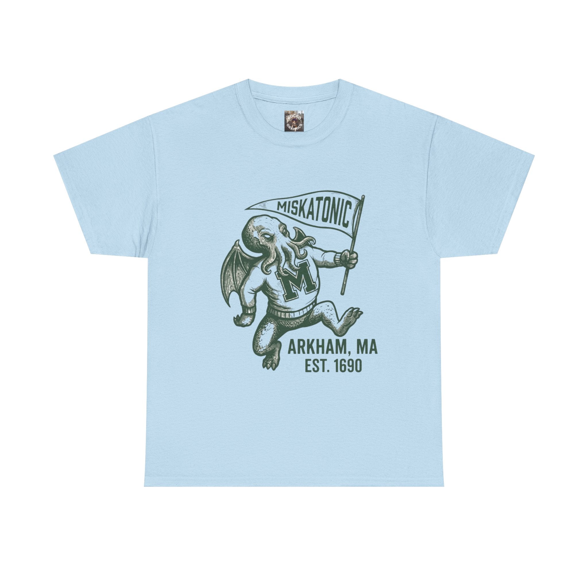 Cthulhu Collegiate Tee — "Miskatonic, Arkham, MA Est. 1690" Vintage Monster Shirt
