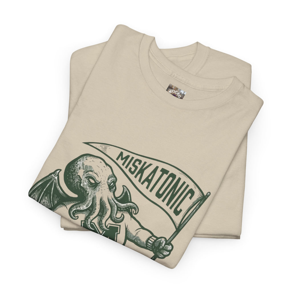 Cthulhu Collegiate Tee — "Miskatonic, Arkham, MA Est. 1690" Vintage Monster Shirt
