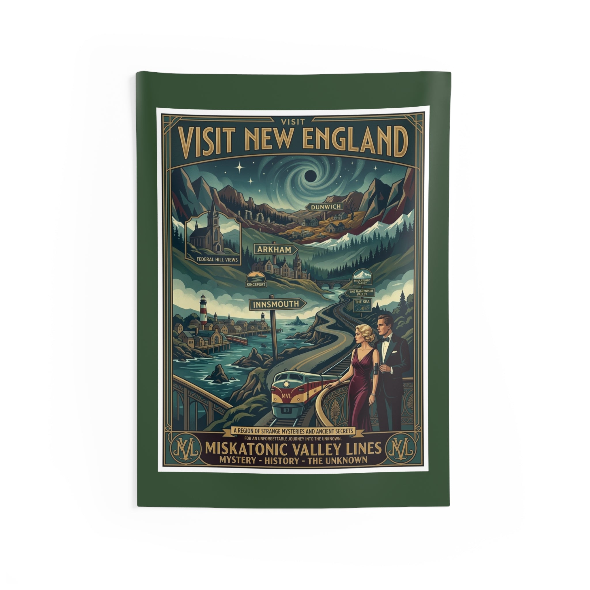 New England Travel Poster Wall Tapestry – Vintage Arkham Innsmouth Dunwich Mythos Decor