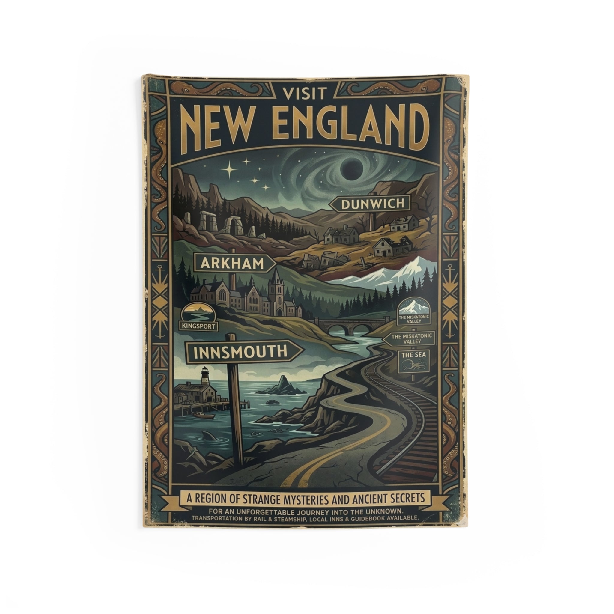 New England Travel Poster Wall Tapestry – Vintage Arkham Innsmouth Dunwich Mythos Decor