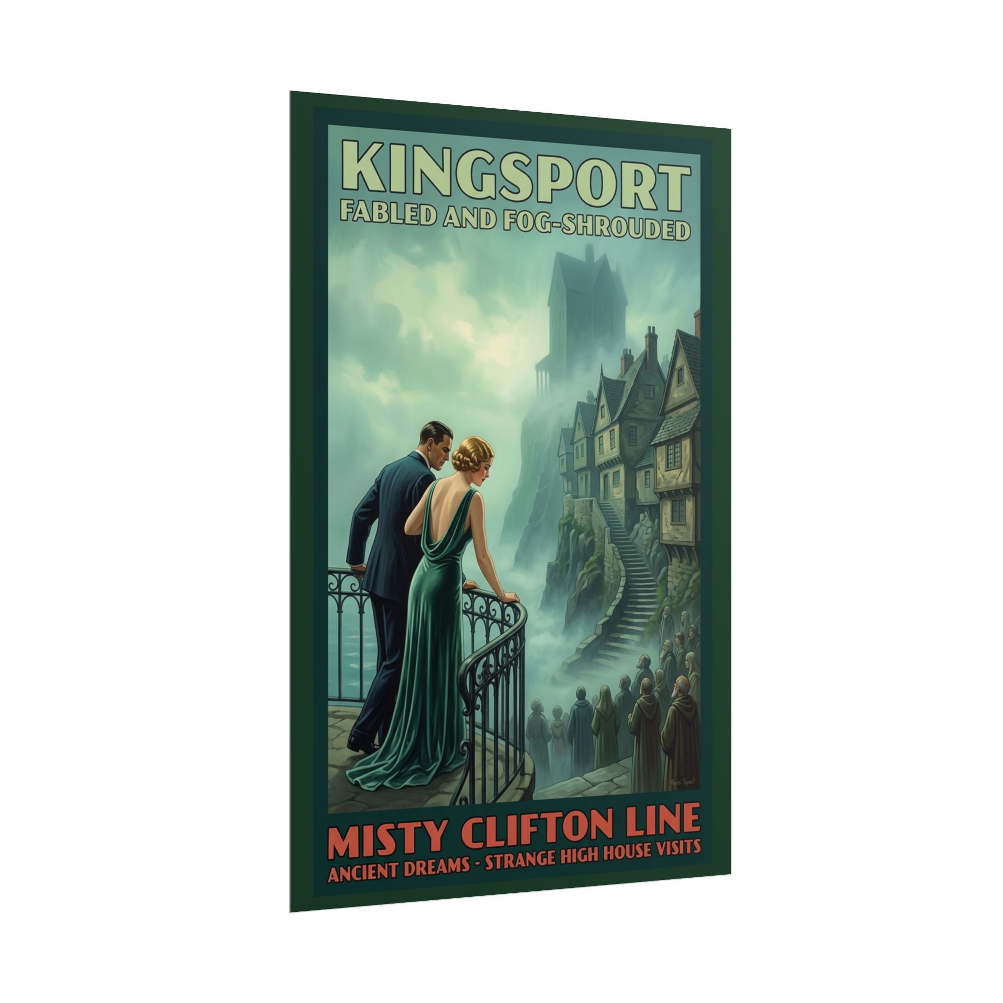 Kingsport Massachusetts Travel Poster — Misty Clifton Line Art Deco Lovecraft Print