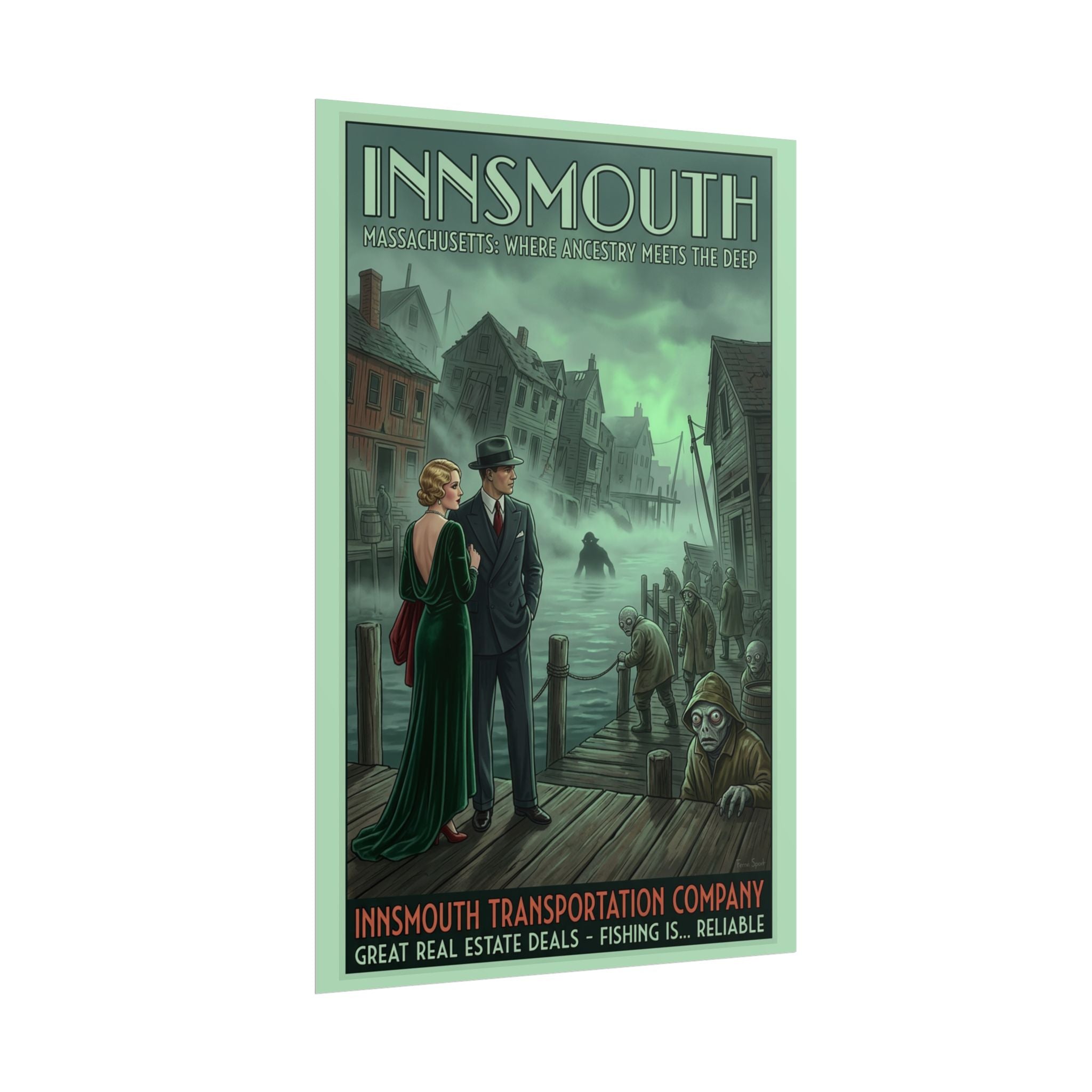Innsmouth Massachusetts Travel Poster — Innsmouth Transportation Company Art Deco Print