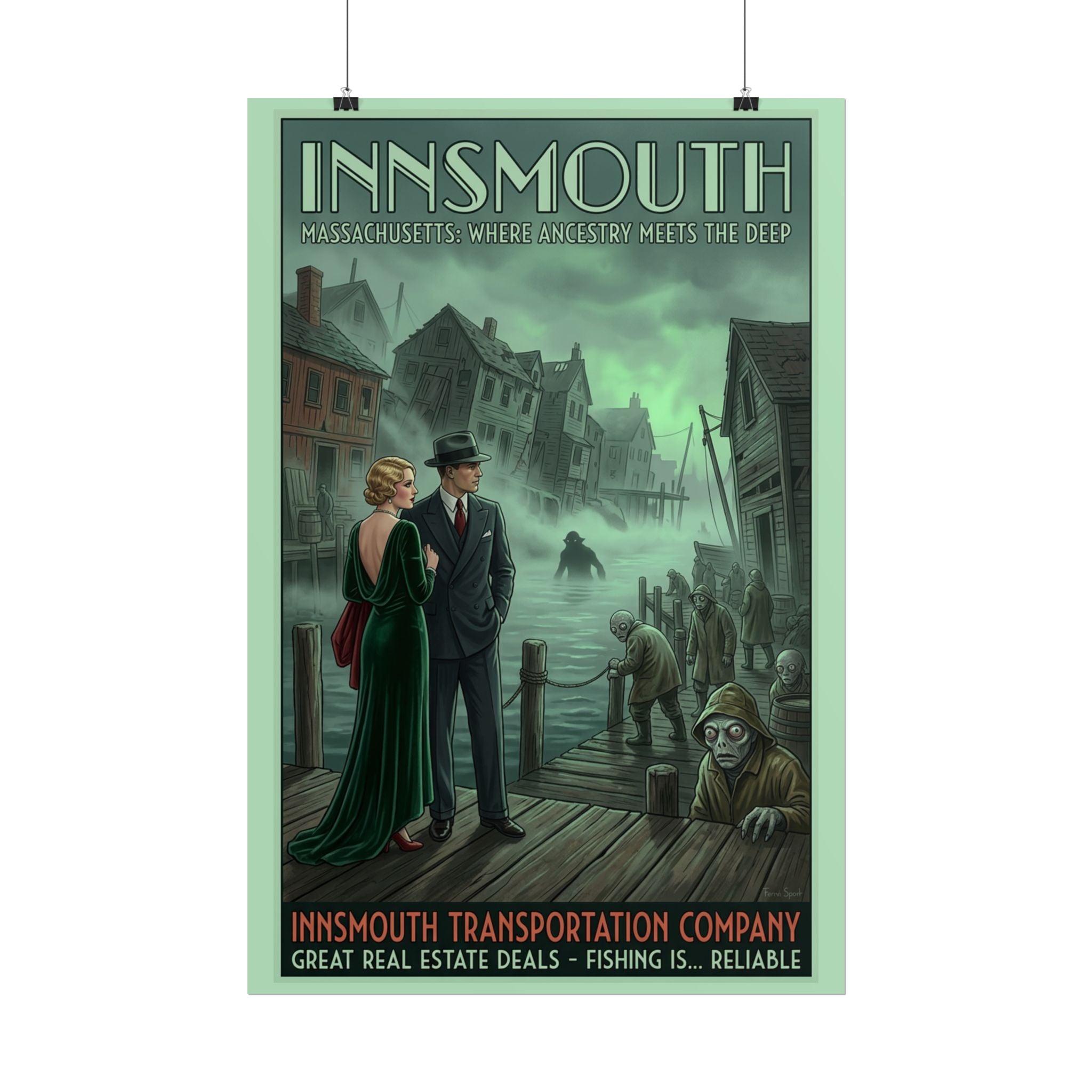 Innsmouth Massachusetts Travel Poster — Innsmouth Transportation Company Art Deco Print