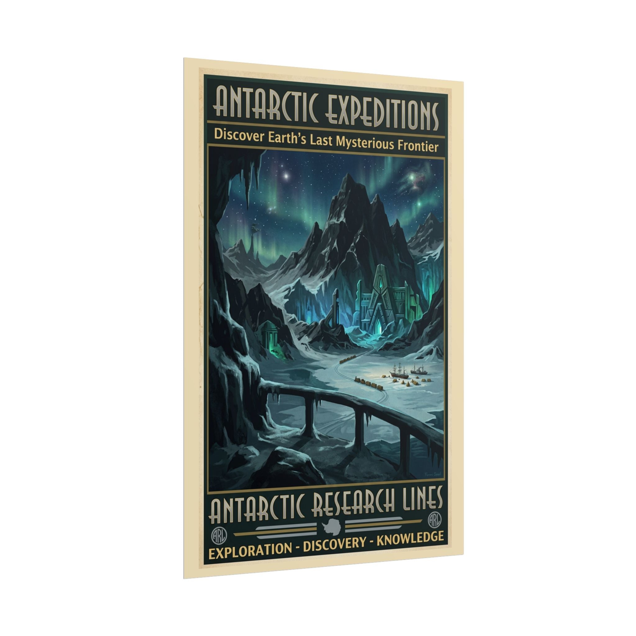 At the Mountains of Madness Travel Poster — Antarctic Research Lines Art Deco Lovecraft Print