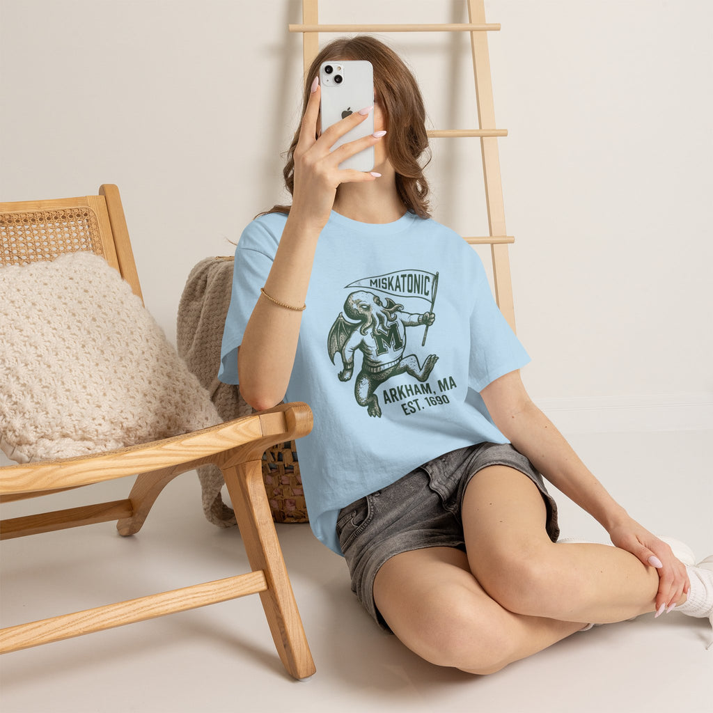 Cthulhu Collegiate Tee — "Miskatonic, Arkham, MA Est. 1690" Vintage Monster Shirt