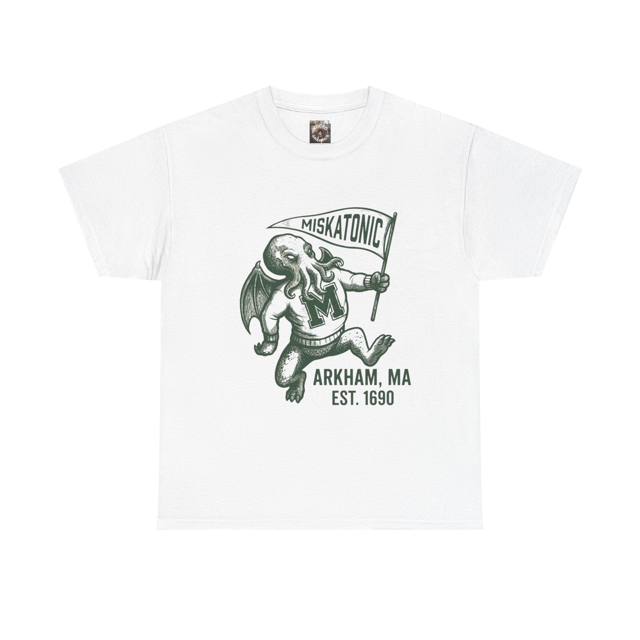 Cthulhu Collegiate Tee — "Miskatonic, Arkham, MA Est. 1690" Vintage Monster Shirt