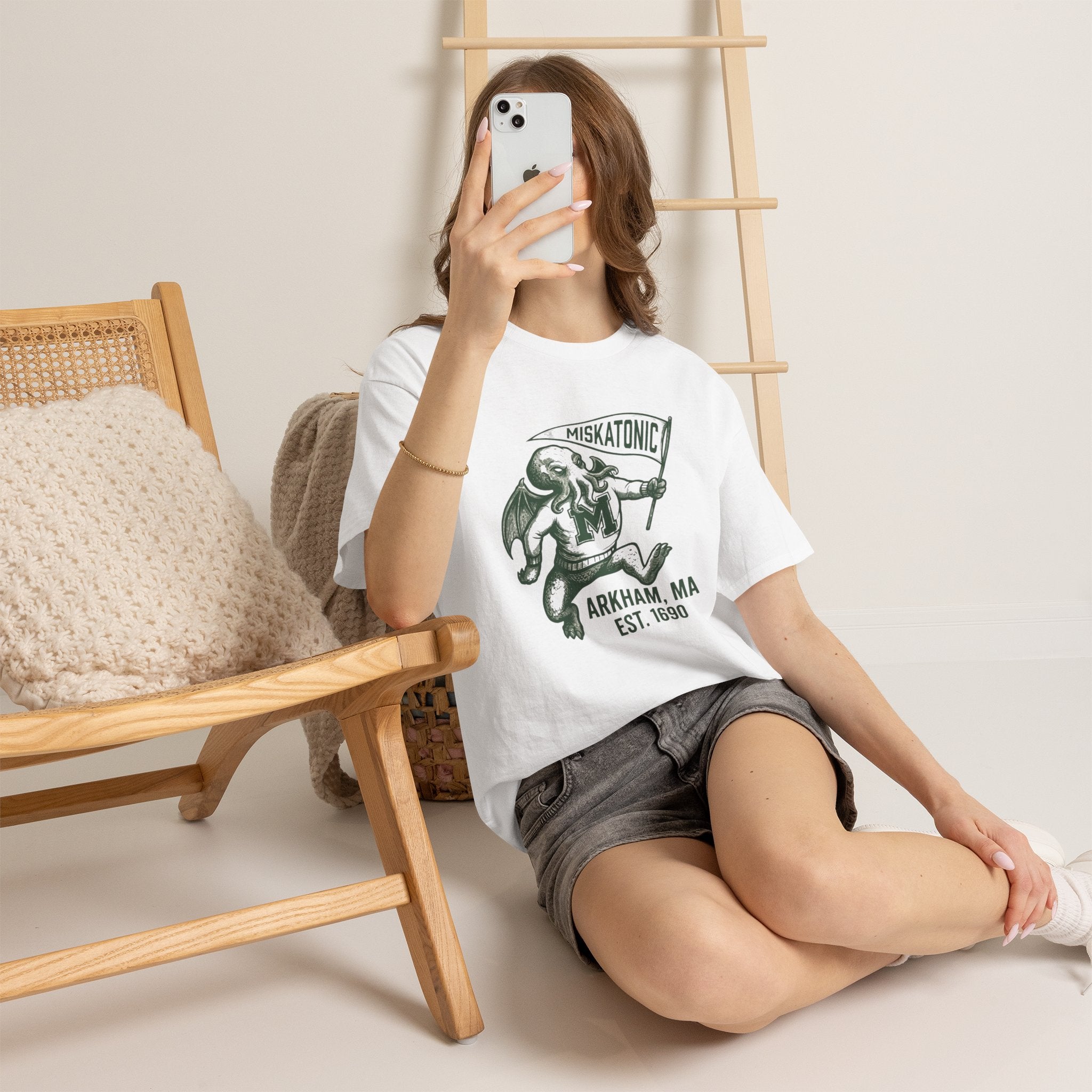 Cthulhu Collegiate Tee — "Miskatonic, Arkham, MA Est. 1690" Vintage Monster Shirt