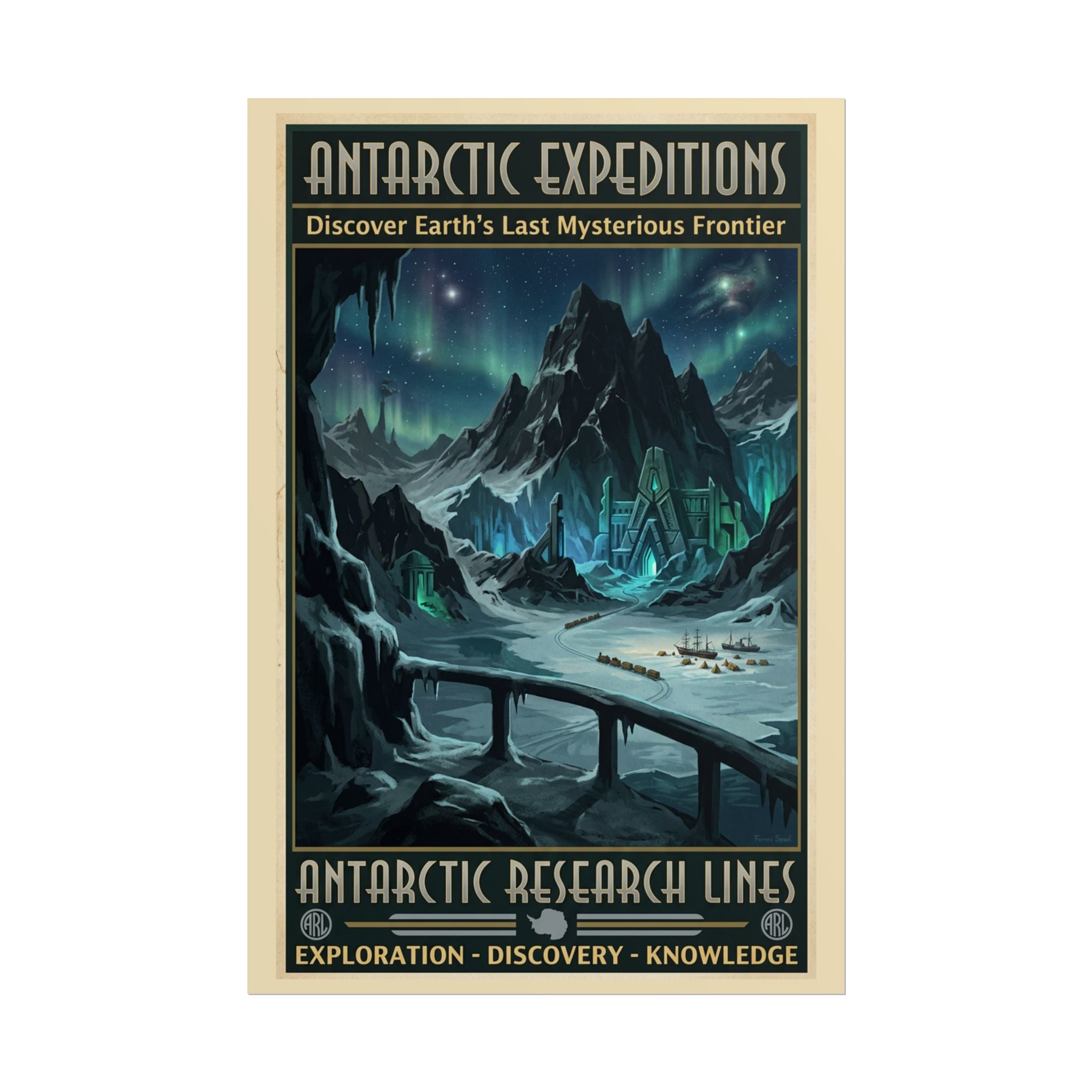 At the Mountains of Madness Travel Poster — Antarctic Research Lines Art Deco Lovecraft Print