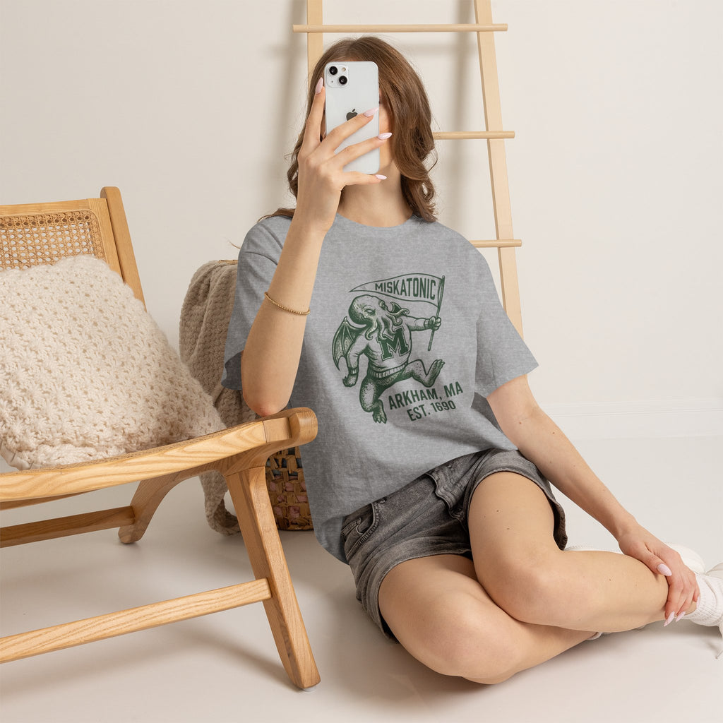 Cthulhu Collegiate Tee — "Miskatonic, Arkham, MA Est. 1690" Vintage Monster Shirt