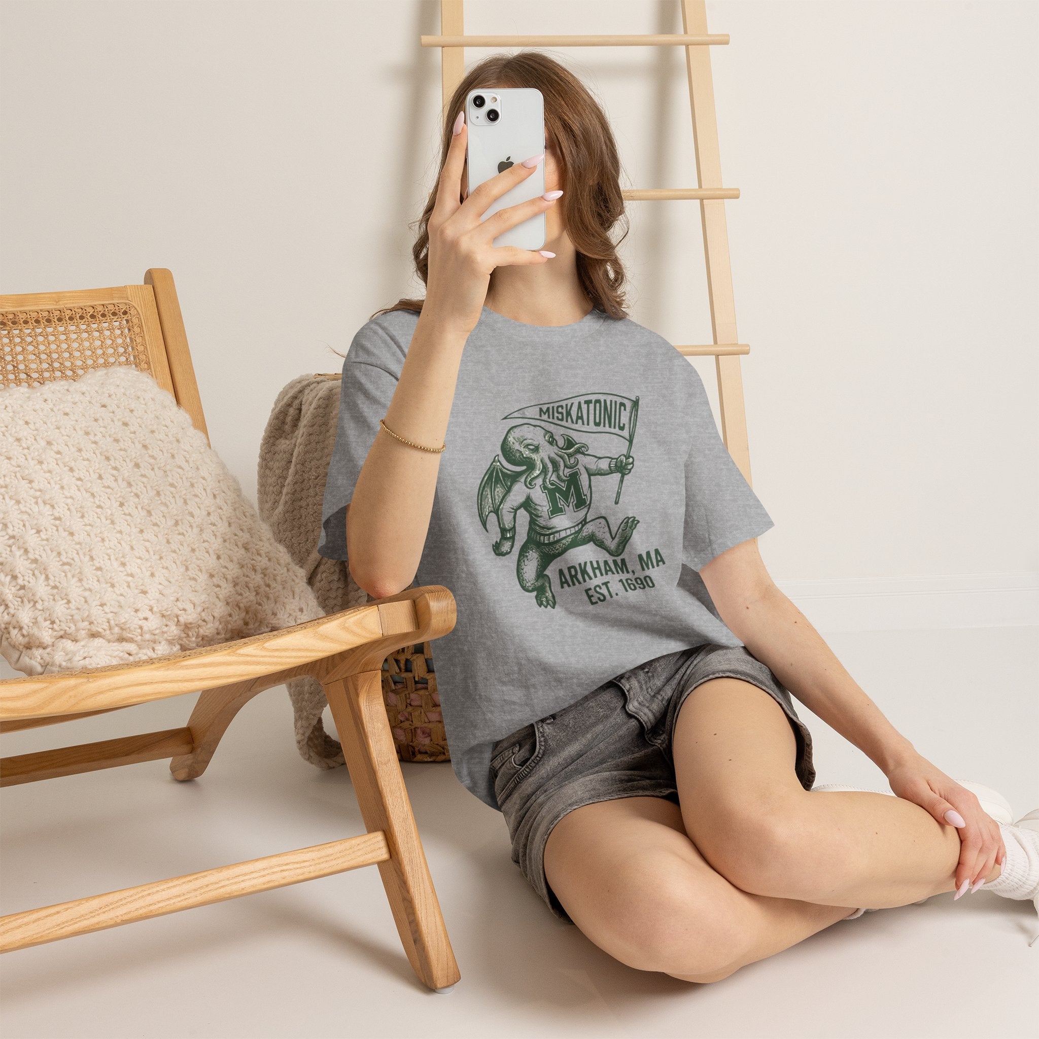 Cthulhu Collegiate Tee — "Miskatonic, Arkham, MA Est. 1690" Vintage Monster Shirt