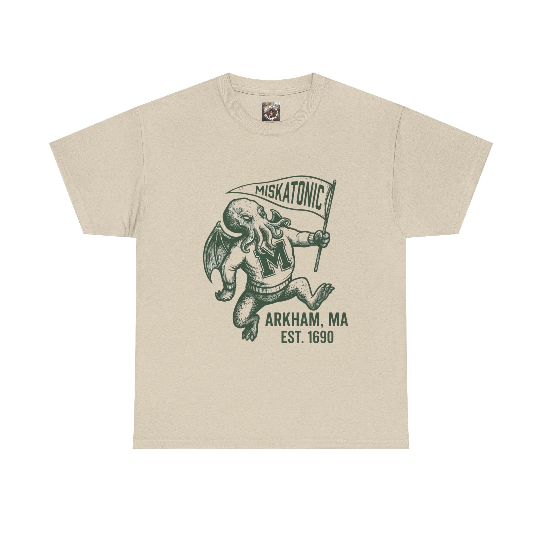 Cthulhu Collegiate Tee — "Miskatonic, Arkham, MA Est. 1690" Vintage Monster Shirt