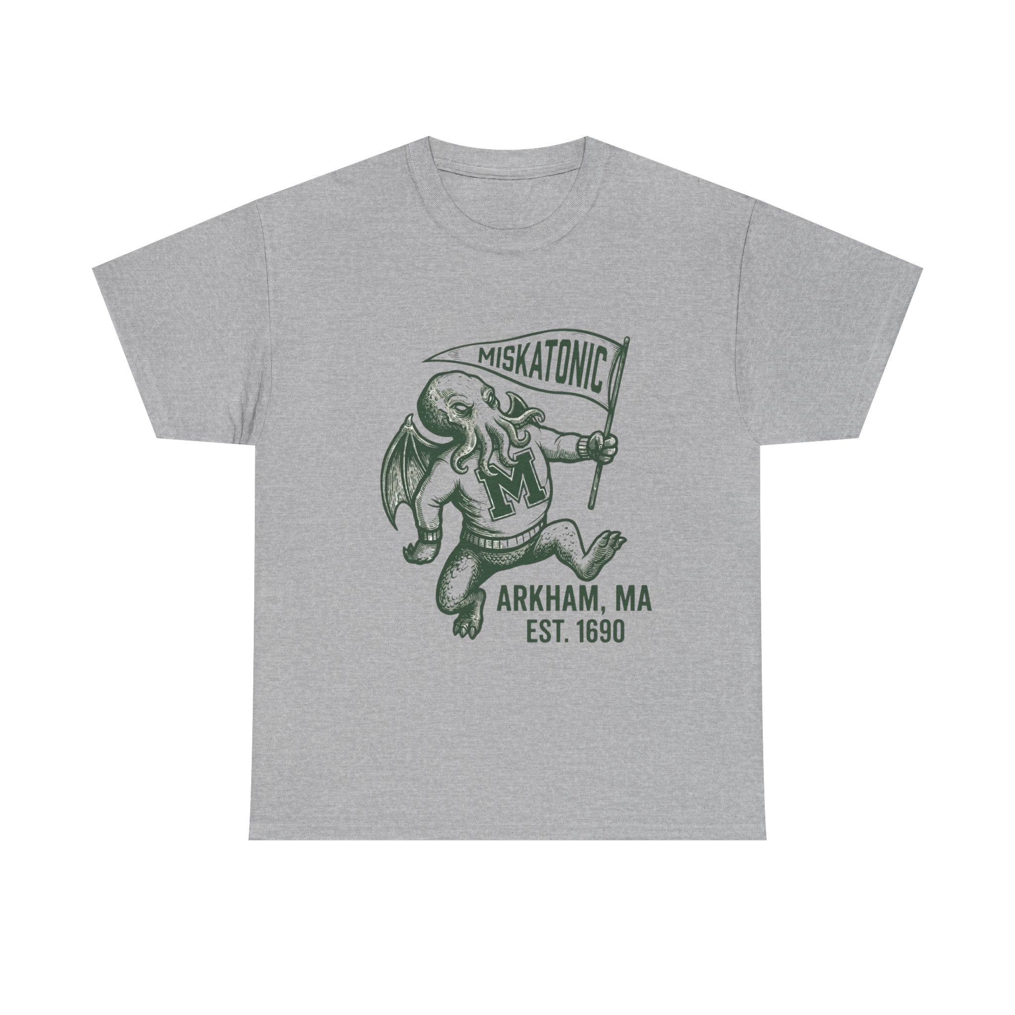 Cthulhu Collegiate Tee — "Miskatonic, Arkham, MA Est. 1690" Vintage Monster Shirt
