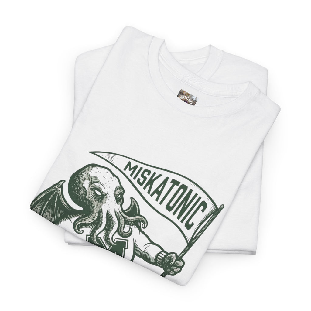 Cthulhu Collegiate Tee — "Miskatonic, Arkham, MA Est. 1690" Vintage Monster Shirt