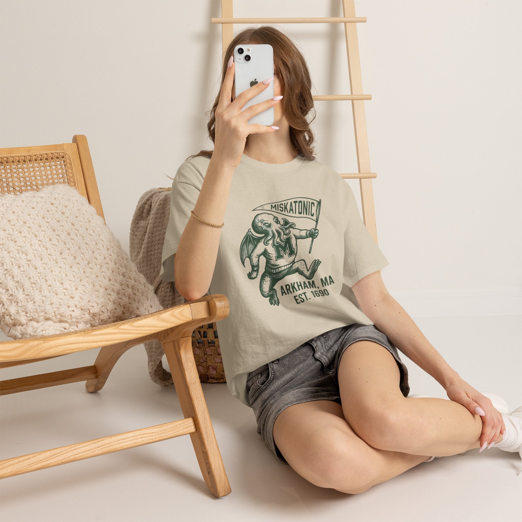 Cthulhu Collegiate Tee — "Miskatonic, Arkham, MA Est. 1690" Vintage Monster Shirt
