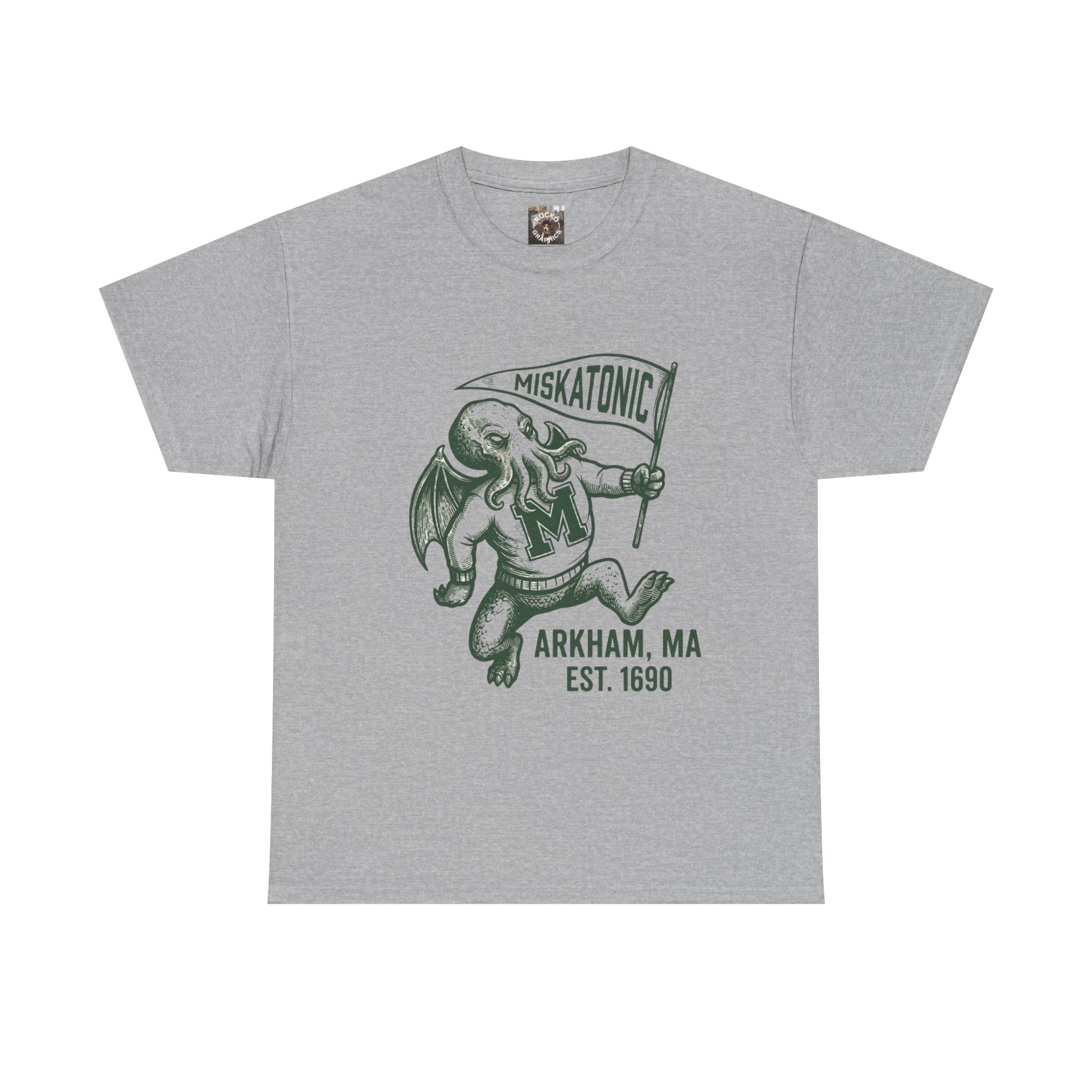 Cthulhu Collegiate Tee — "Miskatonic, Arkham, MA Est. 1690" Vintage Monster Shirt