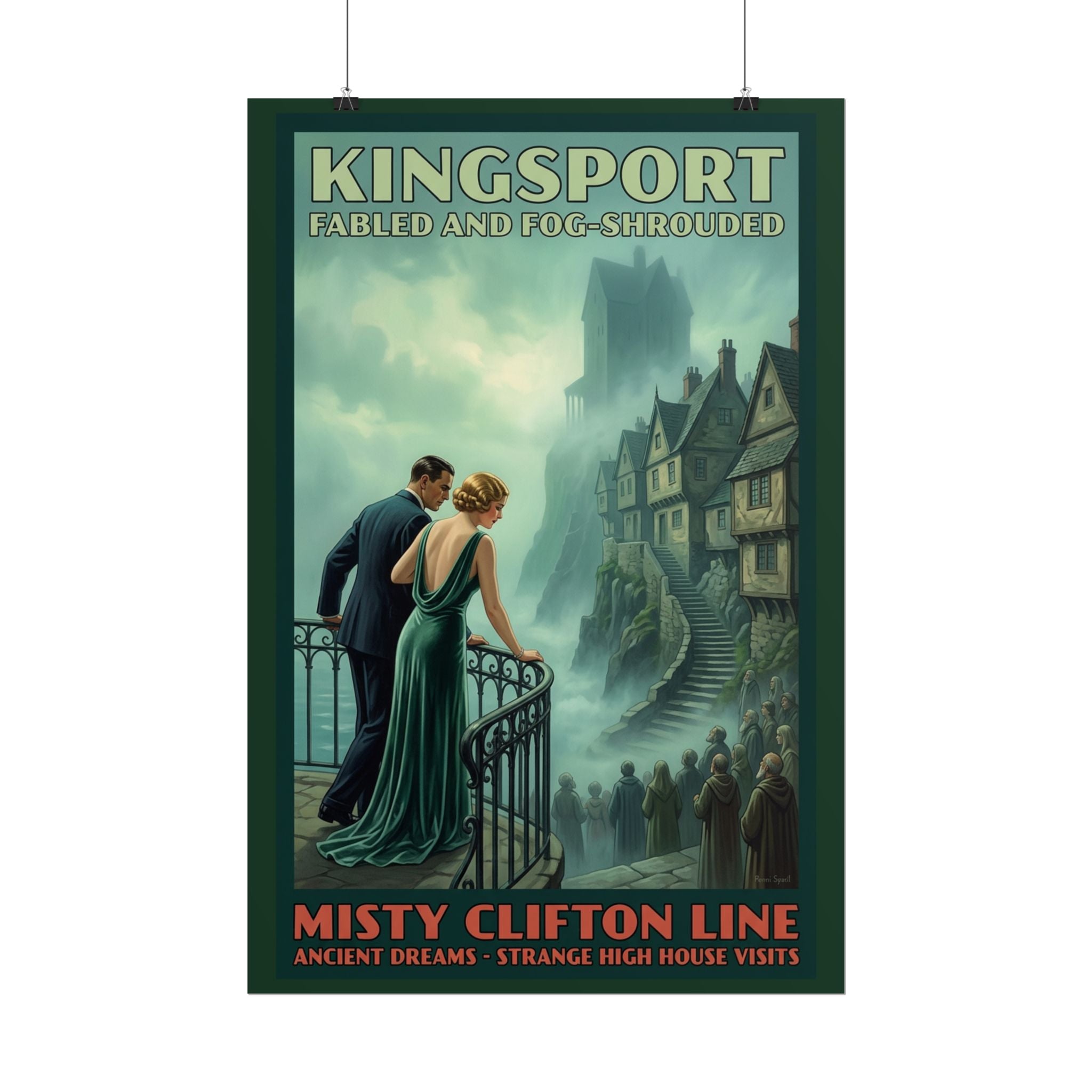 Kingsport Massachusetts Travel Poster — Misty Clifton Line Art Deco Lovecraft Print