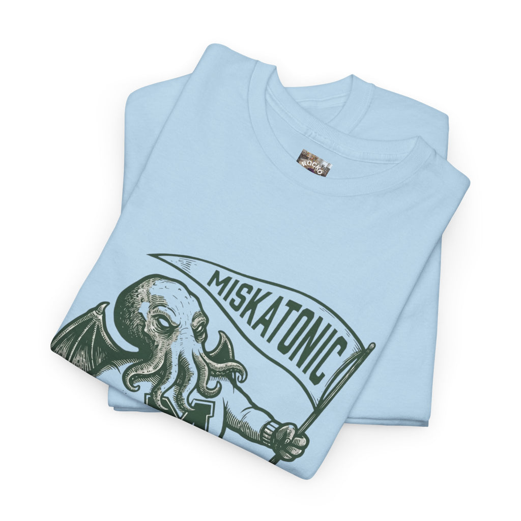 Cthulhu Collegiate Tee — "Miskatonic, Arkham, MA Est. 1690" Vintage Monster Shirt